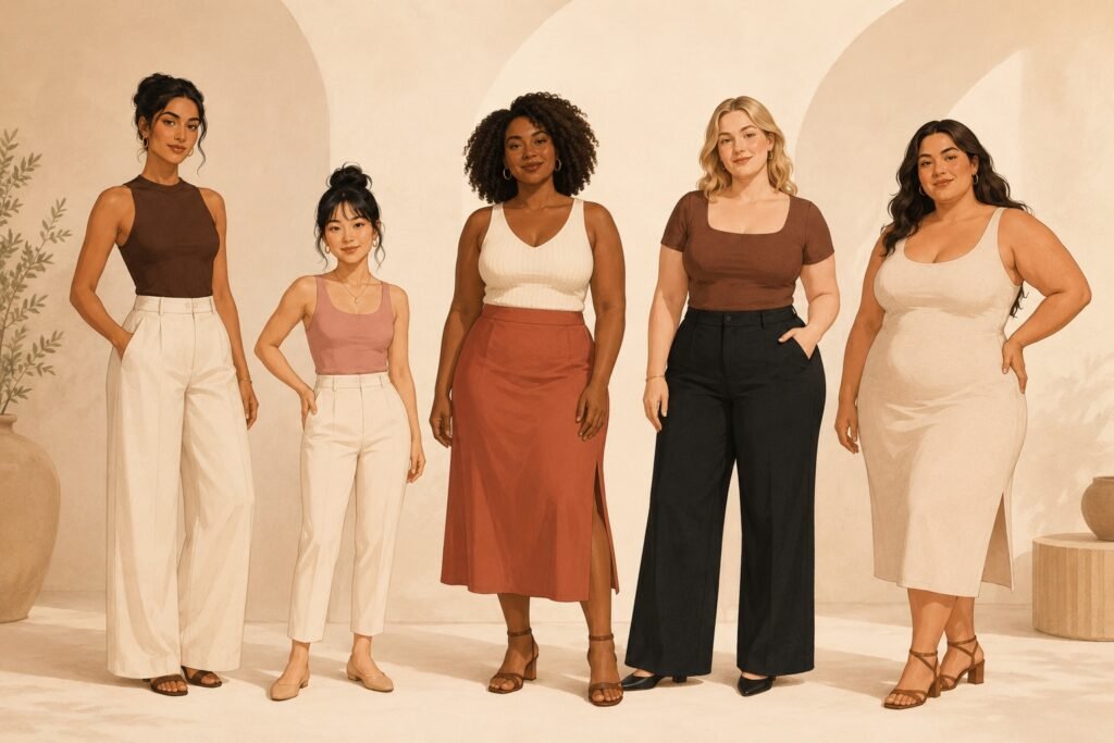 Five diverse women with different heights, sizes and body proportions stand together in coordinated neutral clothing.