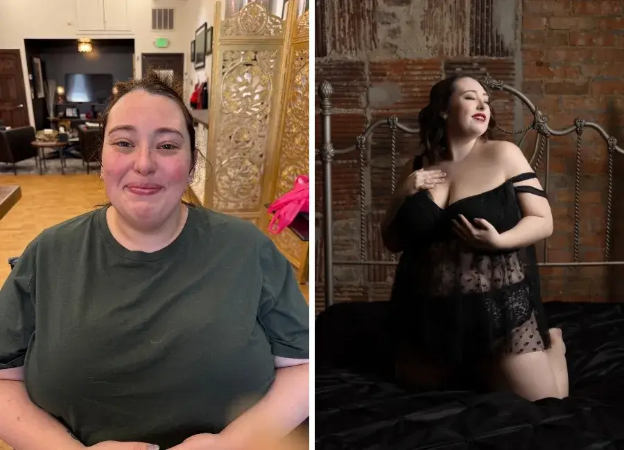 Before: Smiling woman in studio before her boudoir makeover at the Bloomington IL studio. After: Boudoir portrait of woman in black lace lingerie kneeling on bed against brick wall.