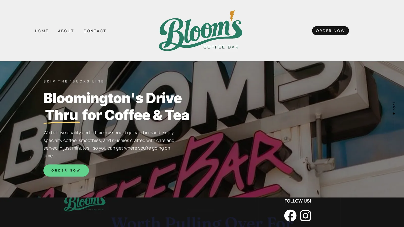 Bloom’s Coffee Bar homepage with navigation, logo, and a drive-thru coffee hero banner.
