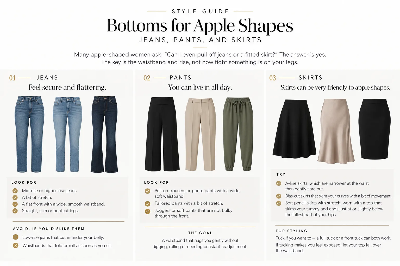 Bottoms: Jeans, pants, and skirts for apple shapes