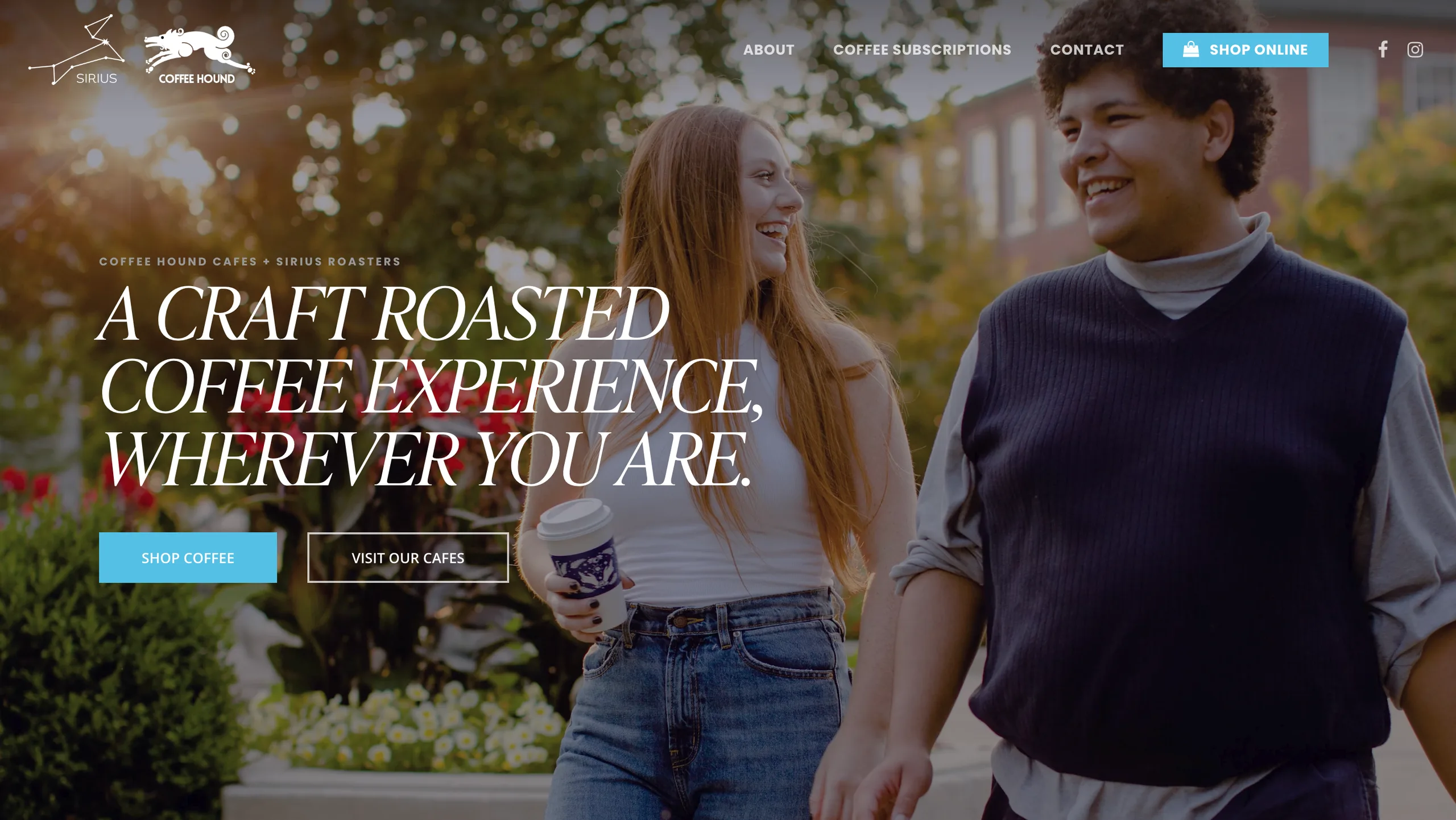 Two people walking outdoors beside a homepage banner for a craft roasted coffee brand.