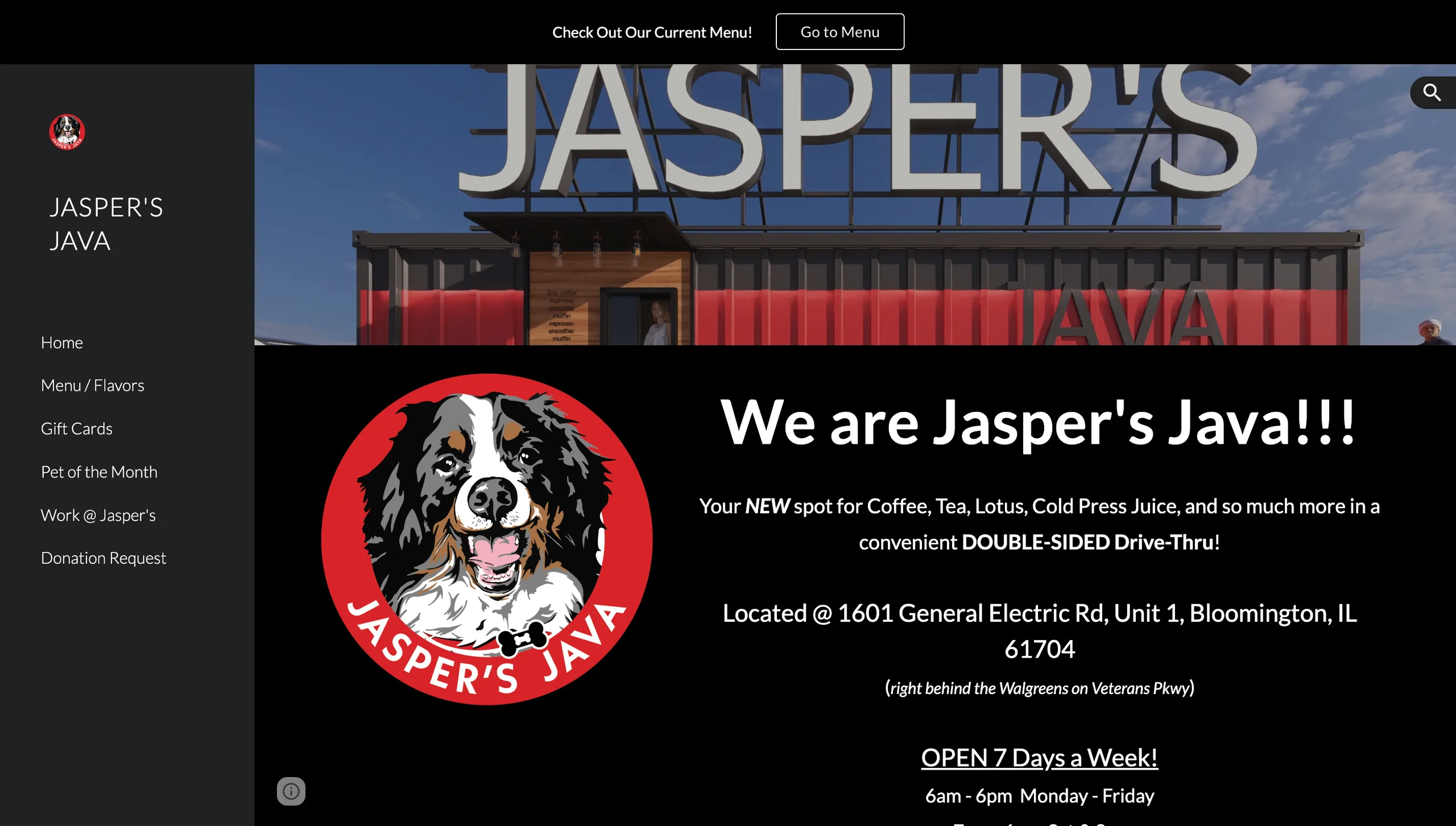 Jasper’s Java website homepage with logo, navigation menu, and drive-thru announcement.