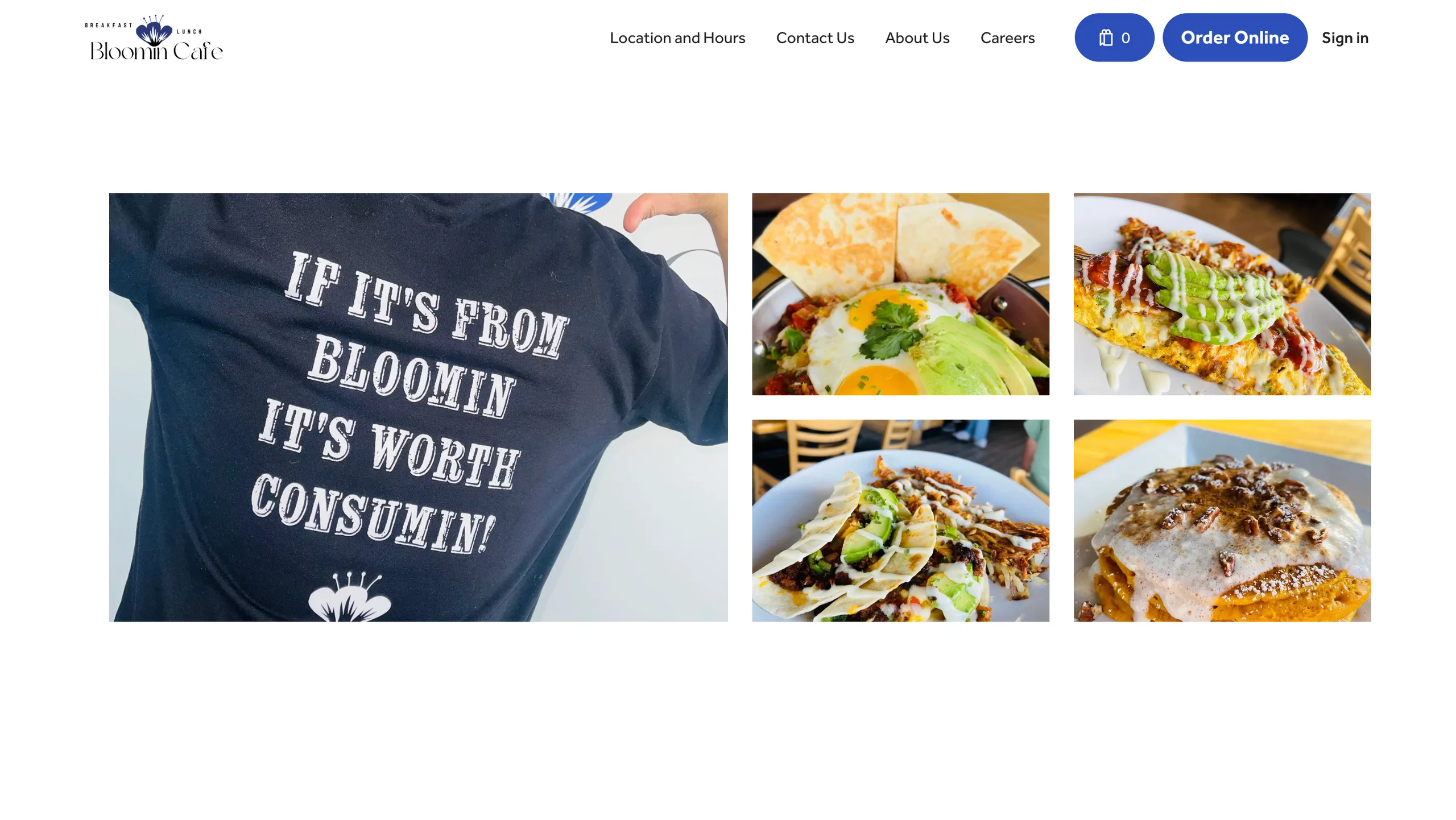 Black T-shirt with bold white text beside a grid of plated food photos on a website page.